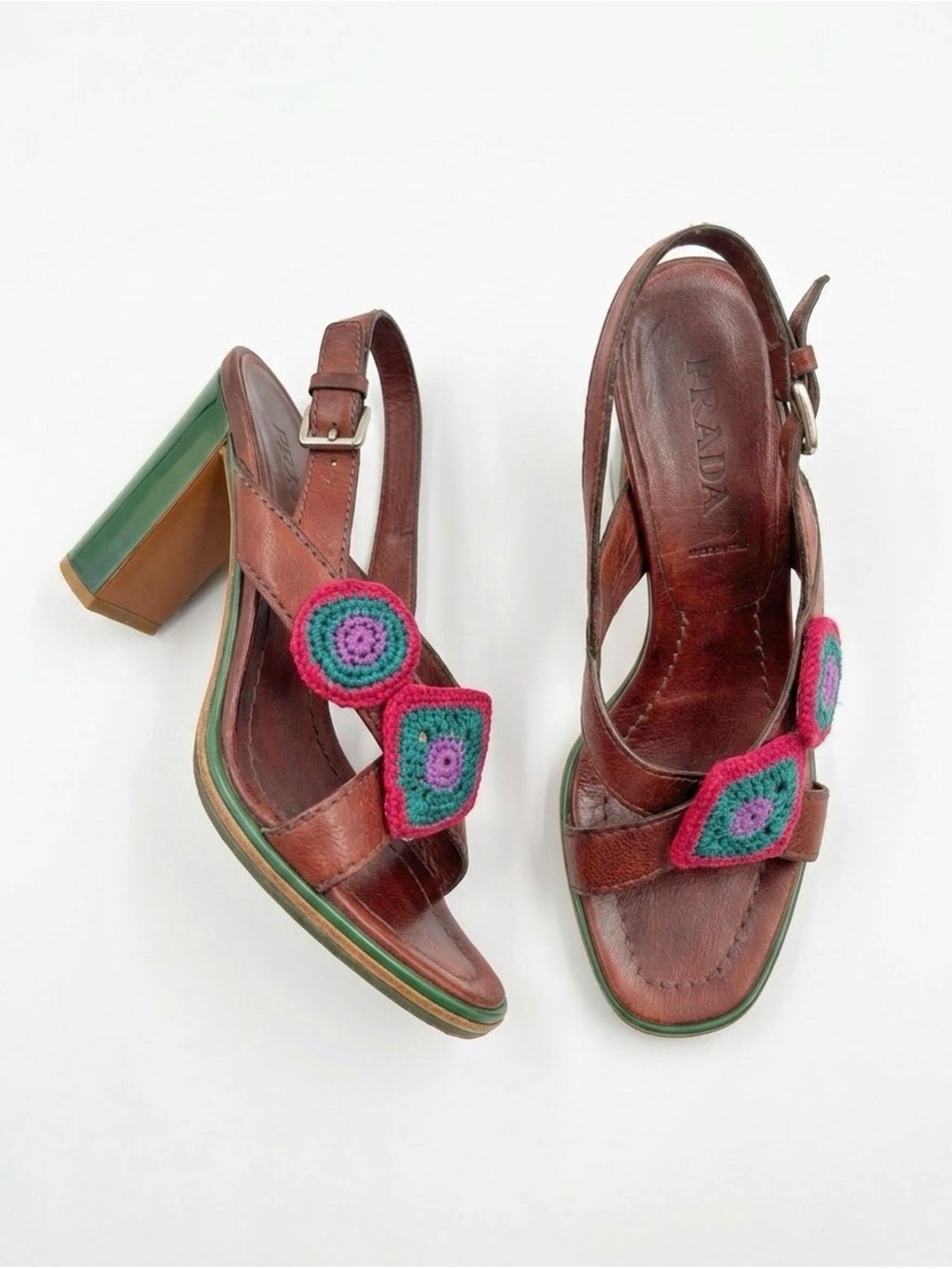 Vintage Prada Brown Leather Block Heel Sandals with Pink & Green Crochet